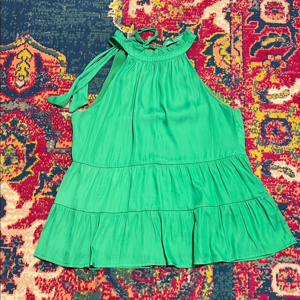 Skies Are Blue Emerald Sleeveless Blouse Womens XS bow and Ruffle